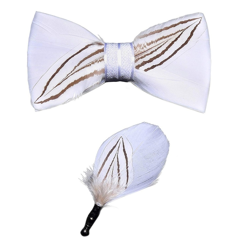 Mens Natural Feather Pre-Tied Bow tie & Lapel Pin